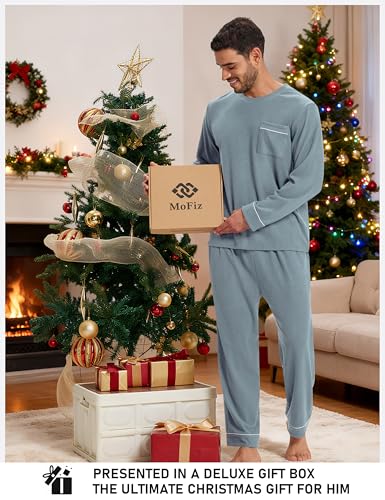 Image of Mofiz Men's Pajama Sets Viscose Long Sleeve Crewneck Warm Sleepwear