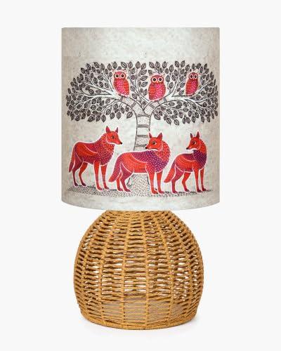 Image of Homesake Handwoven Rattan Table Lamp with Fabric Shade | Boho Bedside Lamp for Bedroom | Decorative Cane Lamp for Living Room | Warm Ambient Lighting | Raffia Round Home Decor, Gond Art Shade