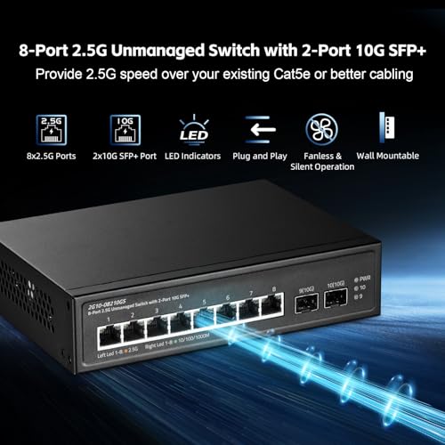 Image of 10 Port 2.5G Switch, 2x10G SFP+ Port, 8x2.5G Base-T Ports Compatible with 100 /1000Mbps, Metal Unmanaged Fanless Binardat Ethernet Switch, for Gaming, NAS, Small Business, Plug & Play