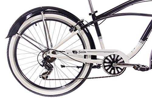CHRISSON 26 Zoll Beachcruiser Sando schwarz Weiss mit 6 Gang Tourney Kettenschaltung, Damenfahrrad, Herrenfahrrad im Retro Look, Vintage Cruiser Bike