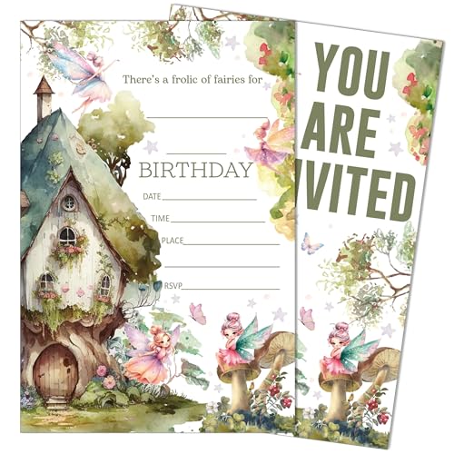 SIXEIGHT Fairy First Birthday Party Invitations, Garden Fairy Themed, 20 Fill-in Style Birthday Party Invitations with Envelopes for Girls Boys, Birthday Party Favor & Decoration (4'x6')-B25