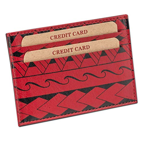 Leather Credit Card Holder Super Slim Wallet with Polynesian Tattoo 