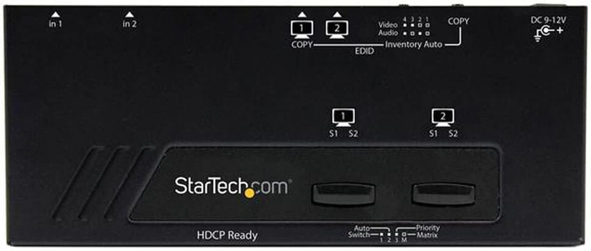 StarTech.com 2x2 HDMI Matrix Switch with Remote - 1080p Automatic & Priority Switcher - Video Wall Auto Selector Splitter Box - Audio Out, TAA (VS222HDQ)