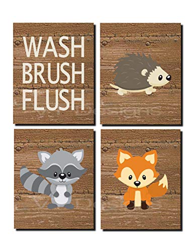 CANVASPrtint Woodland Bathroom Decor Kids Bathroom Art Woodland Woodland Bathroom Art Wash Brush Flush Fox Raccoon Set of 4 Prints or Canvas 8x10 inch Each