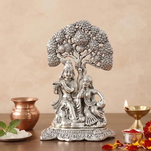 Image of KridayKraft Metal Radha Krishna Idol with Under Tree Decorative Showpiece Statue for Puja Room Home Office Desk Gift Items Ornate Metal Sculpture of Hindu Deities, 18 cm Height Silver