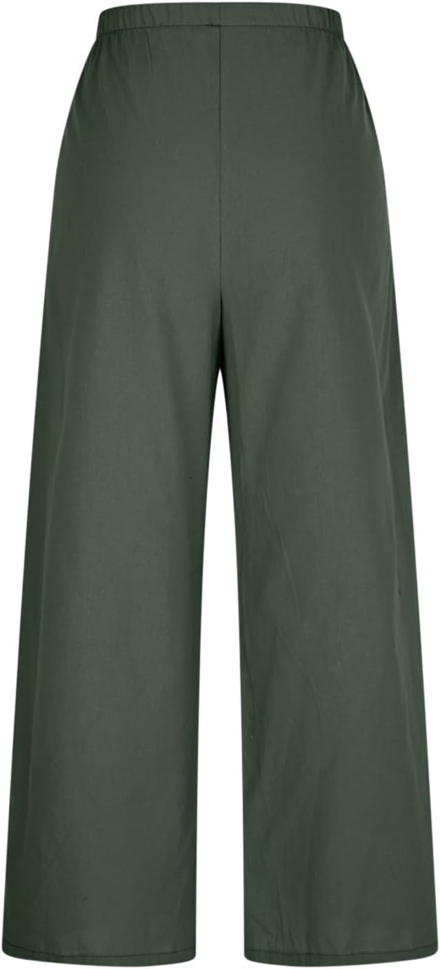 Cotton Linen Elastic Waist Pants with Pockets Solid Casual Long Trousers for Women, Soft Breathable Daily Bottoms