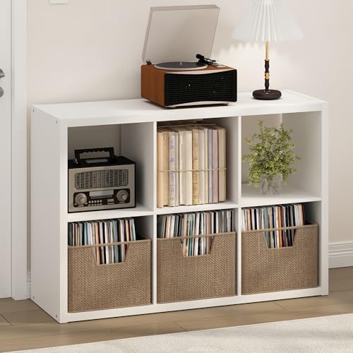Image of Furinno Cubicle Record Player Stand, 6-Cube Vinyl Record Storage, White | Vinyl Storage, 1.2 inchInch Extra Thick, Open Back Media Shelf for CD DVD Bluray Game Disc, for Living Room, Home Office