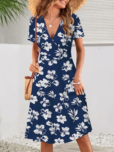 Image of MSBASIC Womens Summer Wrap V Neck Casual Dresses Floral Short Sleeve A-Line Midi Sundress