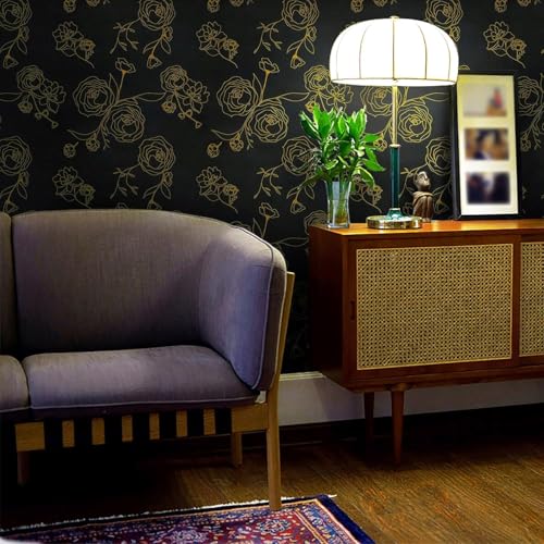 Image of Black and Gold Rose Wallpaper - Self Adhesive Peel and Stick Floral Wall Stickers, Waterproof PVC Vinyl Decorative Paper for Home, Bedroom, Living Room & Furniture (45cm x 300cm)