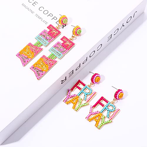 2 Pairs Teacher Earrings for Women, Beaded Fri-Yay Pencil Earrings Drop Dangle Earrings Teacher Appreciation Gifts Teacher Jewelry Gifts3