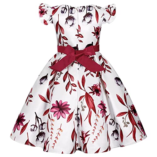 Girls Casual Floral Print Dress with Belt Short Puff Sleeve Smocked Waist Ruffle Puffy Wedding Dress for Party4
