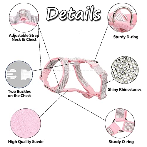 Image of HDKUW Dog Shining Rhinestone Harness, No Pull Adjustable Buckle D-Ring Harness for Small Medium Dog (Pink S)