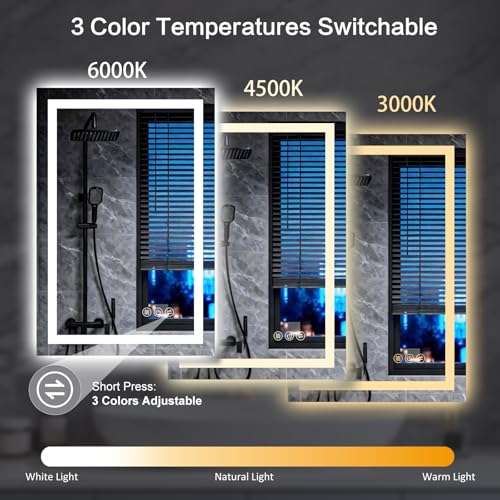 Image of 20 inchx 28 inch Led Mirror for Bathroom with Front Light and Backlit, Dimmable, 3 Colors Led Mirror, Memory Function, Anti-Fog, Led Vanity Mirror for Wall, Tempered Glass, Shatter-Proof