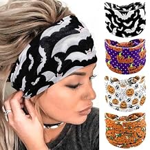 Olbye Wide Headbands Women Knotted Turban Pumpkin Headband Elastic Nonslip Hairband Bat Workout Head Wraps Yoga Skull Cosplay Hair Scarfs Halloween Hair Accessories 4Pcs Halloween B