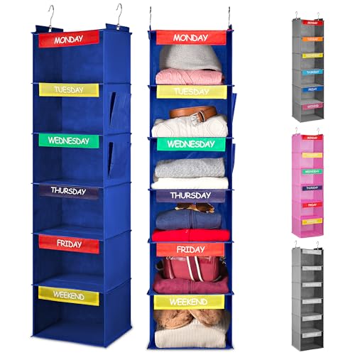 Handy Laundry Hanging Clothes Organizer for Kids - 6-Shelf Closet Daily Clothing Organization Labeled Shelves with Days of The Week Monday Through...