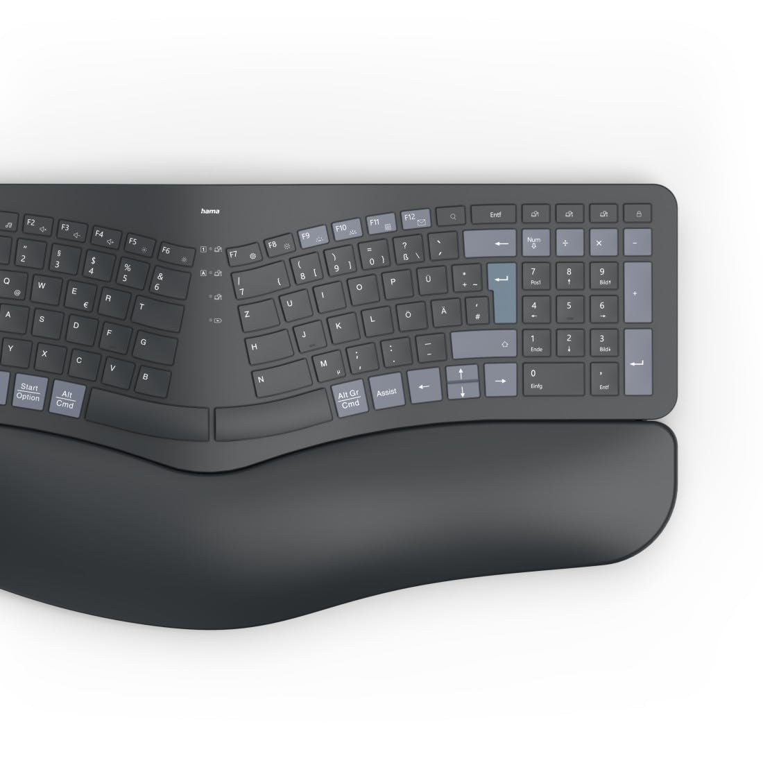 Hama ergonomische Tastatur kabellos, Multi-Device 1x Funk, 2X Bluetooth | Keyboard schwarz, geschwungene Form, geteiltes Tastenfeld, anpassbarer Tippwinkel, Handballenauflage, QWERTZ DE