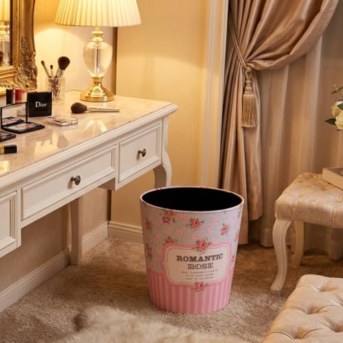 Image of PU Leather Small Trash Can Wastebasket, Round Garbage Container Basket for Bathrooms, Laundry Room, Kitchens, Offices, Kids Rooms, Bedrooms,Home Decorative Art Bin, 2.9 Gallon (Romantic Rose)
