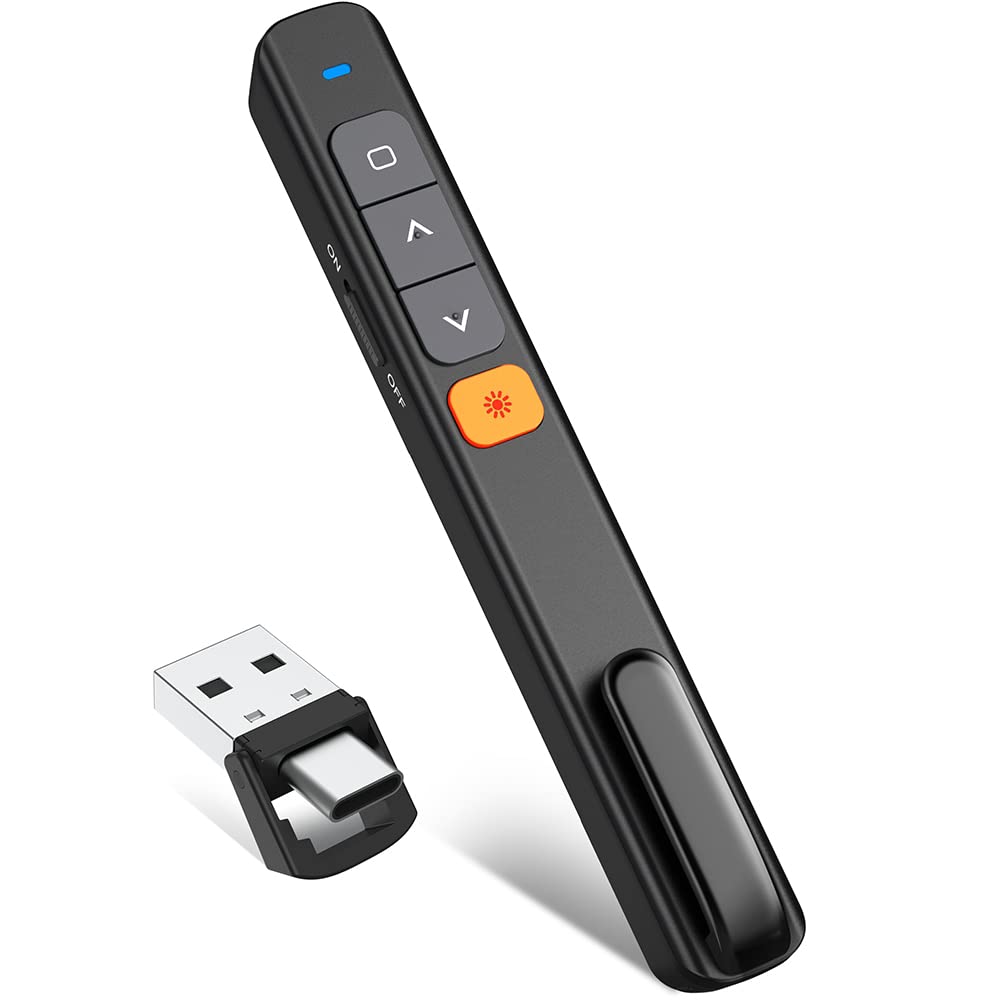 USB C Presenter für Mac, 2.4 GHz Wireless Presenter Verbindung via Typ C und USB Empfänger, Powerpoint Fernbedienung mit Stiftclip, Präsentationsfernbedienung für Windows,Mac IOS,Android,Vista,Linux