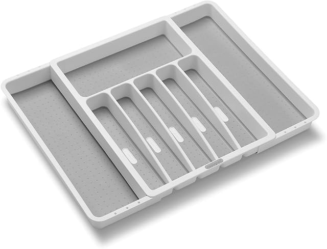 Madesmart Expandable Silverware Tray-White | Classic Collection | 8-Compartments | Icons to Help sort Flatware, Cutlery, Utensils | Soft-Grip Lining | BPA-Free