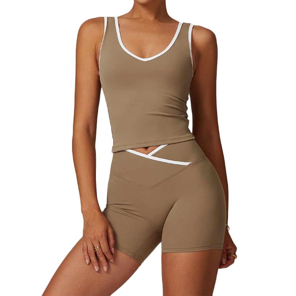 XYFfybhsd Mujer Sujetador Deportivo+ Pantalones Cortos Ocultos, para gimnasio, yoga (Size:M,Color:Light brown)