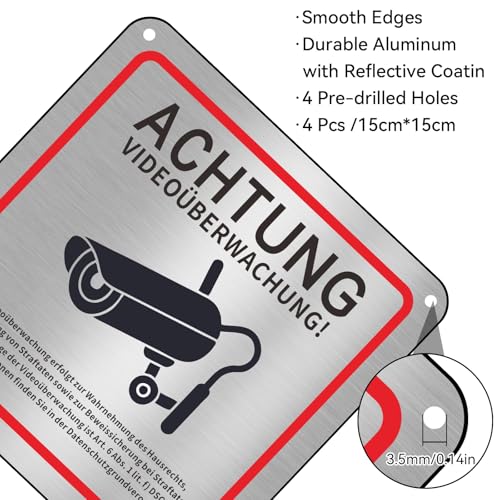 4 Stück Videoüberwachung Schild Aluminium 15x15cm für Privatgrundstück – Ansicht 3