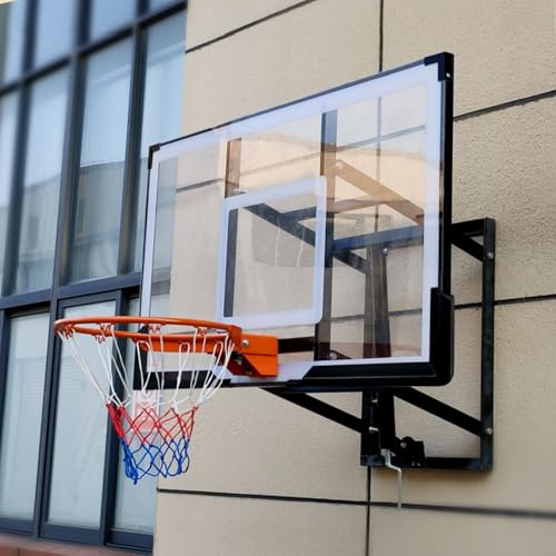 Wall Mounted Heavy Duty Backboard with Fully Tempered Glass Backboard Adjustable Height, Durable Steel Universal Bracket and Double Spring Breakaway Rim with Net