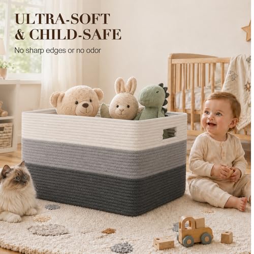 Image of OIAHOMY Large Blanket Basket For Living Room, Rectangle Woven Baskets for Storage, Nursery Toy Storage With Handle-22 inchx17 inchx12 inch-Gradient Dark Grey