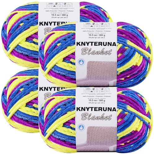 Image of #6 Super Bulky Blanket Yarn for Crocheting - 4 Skeins(Each 10.5oz /300g, 220yds /201m), Chunky Chenille Thick Plush Big Soft Yarn for Crocheting Knitting Blankets, Purple & Blue & Yellow