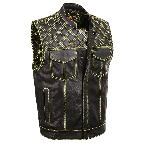 Milwaukee Leather Men's Black Club Style Leather Vest Accented w/Checkered Shoulders, Armhole Trim (as1, alpha, 6x_l, regular, regular, Black/Green)