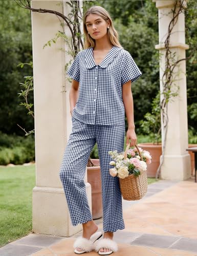 Image of Flygo Womens Gingham Pajamas Set Cotton 2 Piece Pj Set Scalloped Collar Babydoll Shirt Pants Plaid Y2K Lounge Sets