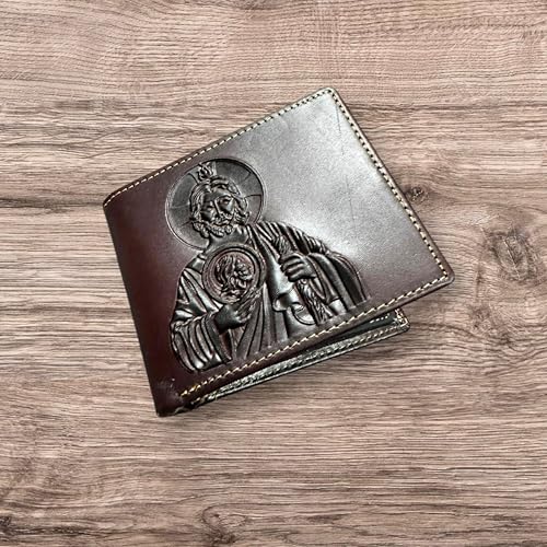 Minimalist Leather Wallet for Men – Saint Jude Embossed Bifold – Slim Western Religious Wallet2