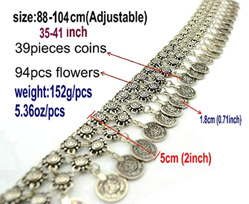 TianBo Vintage Antique Silver Color Coin Tassels Pendant Belly Dance Body Chain Waist Chains Turkish Gypsy Carving Beach Belt Body Jewelry for Women Size 35-41in Adjustable3