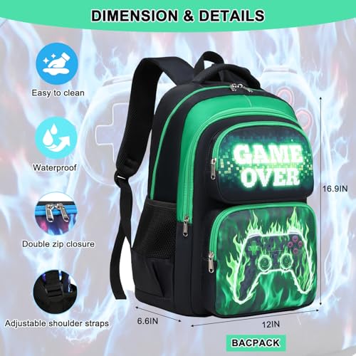Octsky School Backpack for Boys, Kids Bookbag with Lunch Box, Flame Game Green4