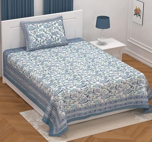 Image of elanorhomes 100% Cotton 240 TC Single Bedsheet for Single Bed, 60 x 90 inch Cotton Bed Sheet with 1 Pillow Cover, Soft Breathable Floral Printed Bedsheet for Bedroom (Azure Bloom)