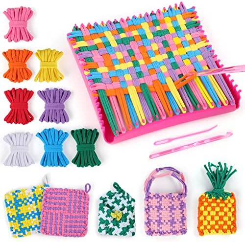 PREBOX Weaving Loom Kit Toys for Kids and Adults, Potholder Loops Crafts for Girls Ages 6 7 8 9 10 11 12, 7" Pot Holder Loom Knitting Kits and Gifts for Kids and Beginners, Make 6 Masterpieces