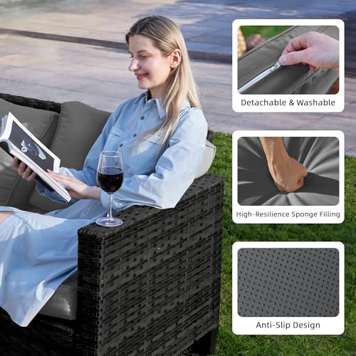 Image of UDPATIO Patio Furniture Set with Fire Pit Table, Rocking Swivel Chairs, 5 Pieces Outdoor Furniture Sets, All-Weather Wicker Outdoor Sectional Sofa with Waterproof Cover, 4'' Thickened Cushion, Grey