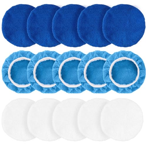 Fzxdfg 15 Pieces Car Polisher Pad Bonnet Microfiber Polishing Bonnet Buffing Pads Orbital Buffer Polisher Waxing Covers for Cleaning and Polishing (5-6 Inches)