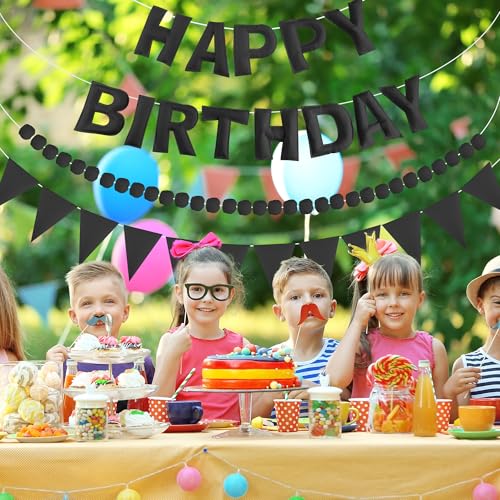 Image of CANREVEL Pre-Strung 3D Rainbow Happy Birthday Banner, 3 PCS Happy Birthday Felt Sign, Pom Pom Garland, Triangle Fabric Bunting, Colorful Reusable Birthday Decorations for Women Men Girls Boys, Black