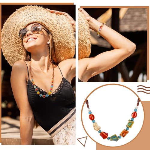 4 Pcs Boho Beaded Necklaces Bracelets for Women Bohemian Hippie Jewelry Ceramic Long Multicolor Chunky Beaded Necklace Vintage Bracelet Colorful Jewelry Gift for Women4