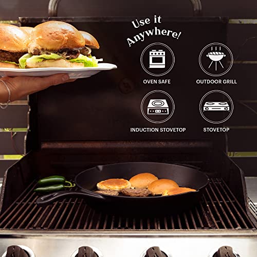 Image of Cast Iron Skillet + Pan Scraper - 15 inch-Inch Pre-seasoned Frying Pan + Heat-Resistant Silicone Handle Grip - Oven-Safe Kitchen Cookware - Indoor /Outdoor Use - Camping, Grilling, BBQ, Open Fire Safe