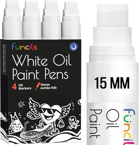 Funcils 15mm Jumbo Oil White Paint Pens - Oil Based Paint Markers for Metal, Fabric, Glass, Rocks, Automotive Tire, Furniture Touch Up Wood & Plastic Surfaces - Waterproof & Permanent Markers (4 Pack)