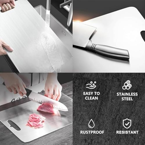 Image of Empune Rectangular Stainless Steel Chopping Board for Kitchen | Free Steel Straw | for Cutting Vegetables, Meat, Fish, Fruits | Unbreakable | Easy to Clean | Medium | 30 x 20 cm