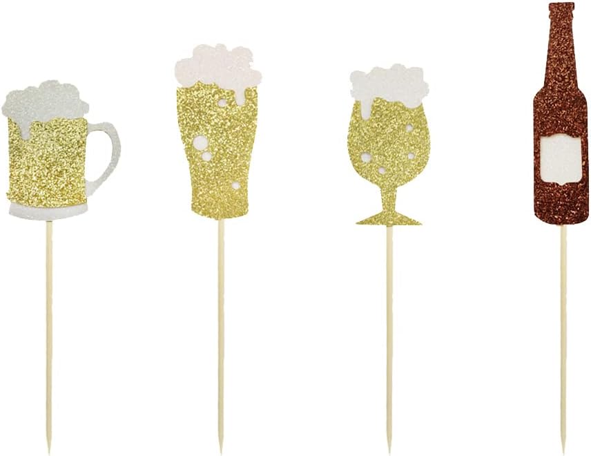 24 PCS Gold Glitter Beer Glass Champagne Cheers Cupcake Toppers for Men Women Birthday Party Oktoberfest Bachelorette Theme Party Wedding Baby Shower Party Cake Decorations Supplies Picks - Image 2