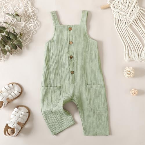 Neutral Baby Boy Girl Overalls Cotton Gauze Sleeveless Romper Button Down Jumpsuits with Pockets Toddler Summer Clothes2