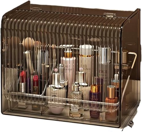 メイクボックス 段スキンケア化粧品オーガナイザー 大型積み重ね可能なクリアメイクアップホルダー クリアカバー化粧品ディスプレイケース スキンケアディスプレイケース 防塵防水 こはくいろ 二段引き出し 大容量収納 防塵カバー付き デスク整理 (こはくいろ,ト