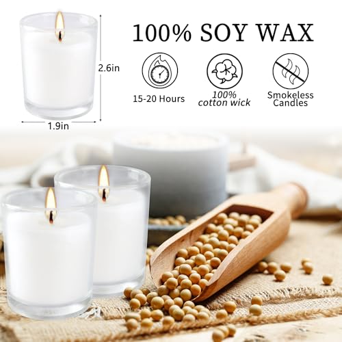 Image of 20 Pack Unscented White Clear Glass Filled Votive Candles | Soy Wax, Smokeless, Hand Poured Wax Candles Ideal for Aromatherapy, Spa, Weddings, Birthdays, Holidays & Party Decor