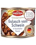 DREISTERN Schweinegulasch 500g I Mit pikanter Sauce I Herzhaftes Fertiggericht in recyclebarer Konservendose I Lange Haltbarkeit dank natürlicher Konservierung I Hausmacher Qualität
