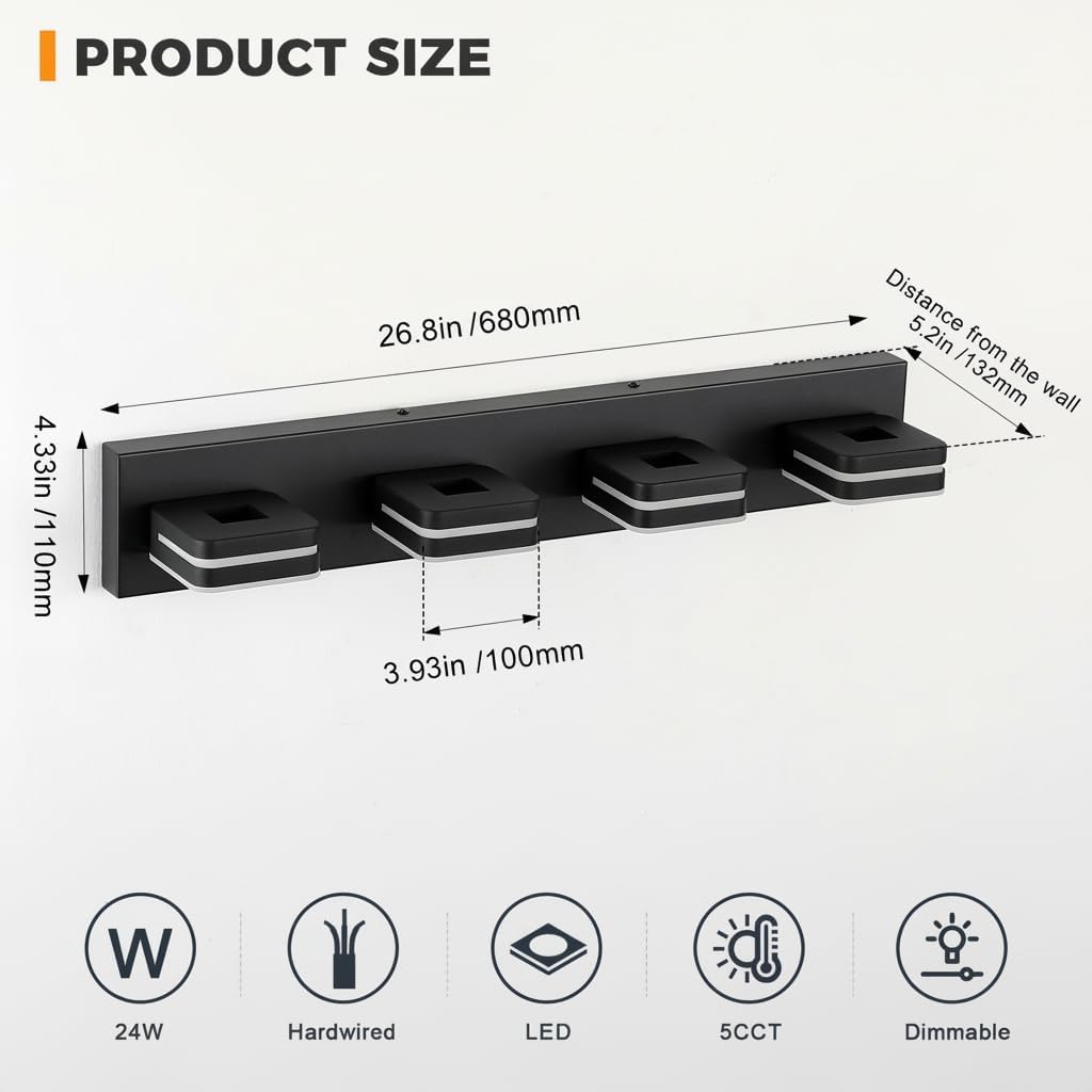Matte Black Bathroom Vanity Light, 4-Light Modern Wall Sconce with 5CCT Dimmable LED, Farmhouse Light Fixture Over Mirror for Bathroom, Black and Gold Vanity Lights
