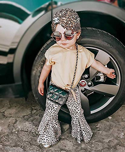 Toddler Kids Girl Leopard Bell Bottom Outfit Set Yellow Shirt Tops + Flare Pants Autumn Clothing Set (Leopard, 12-18 Months)