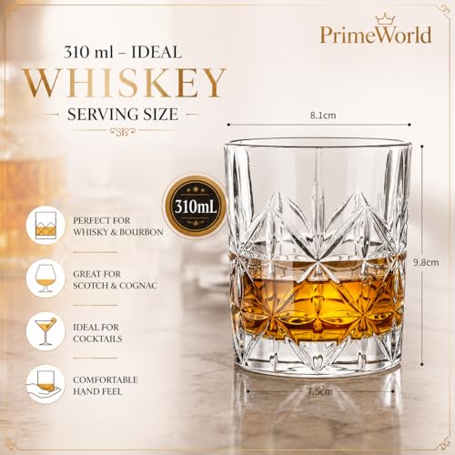 Image of PrimeWorld Premium Paris Crystal Whiskey Glasses Set of 6 pcs- 310 ml Bar Glass for Drinking Bourbon, Whisky, Scotch, Cocktails, Cognac- Old Fashioned Cocktail Tumblers